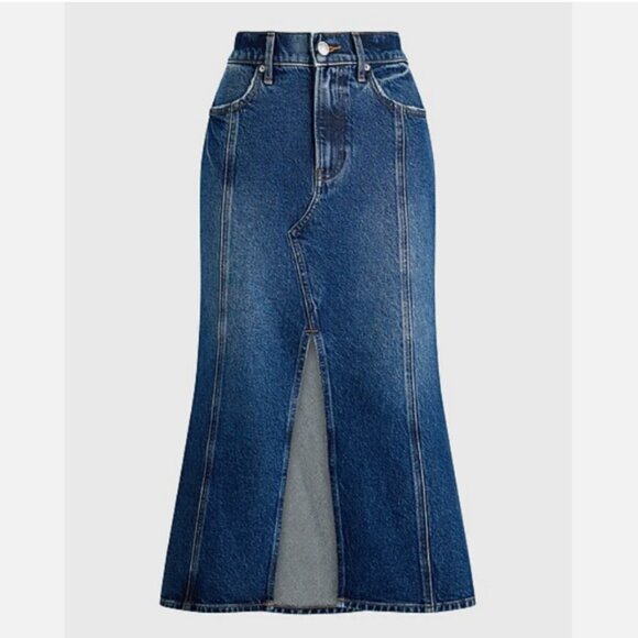 Express Super High Waisted Flare Hem Front Slit Denim Midi Skirt 8 - Picture 3 of 10